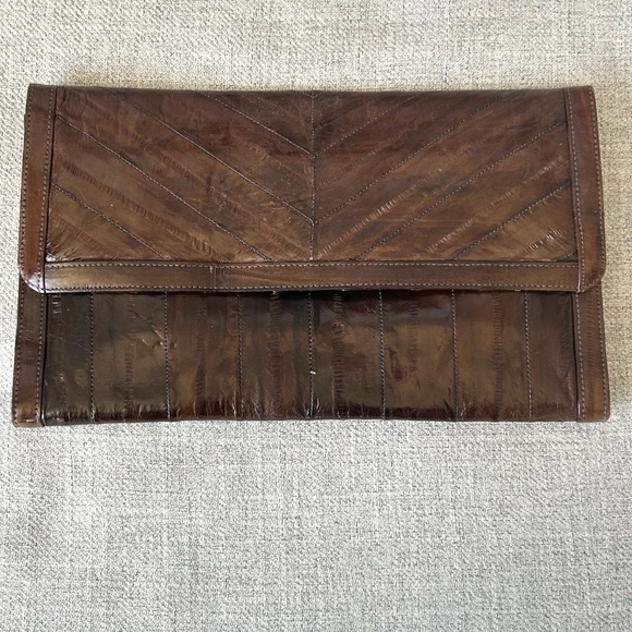 Vintage 70's dark brown eel skin organizer clutch - Picture 1 of 7